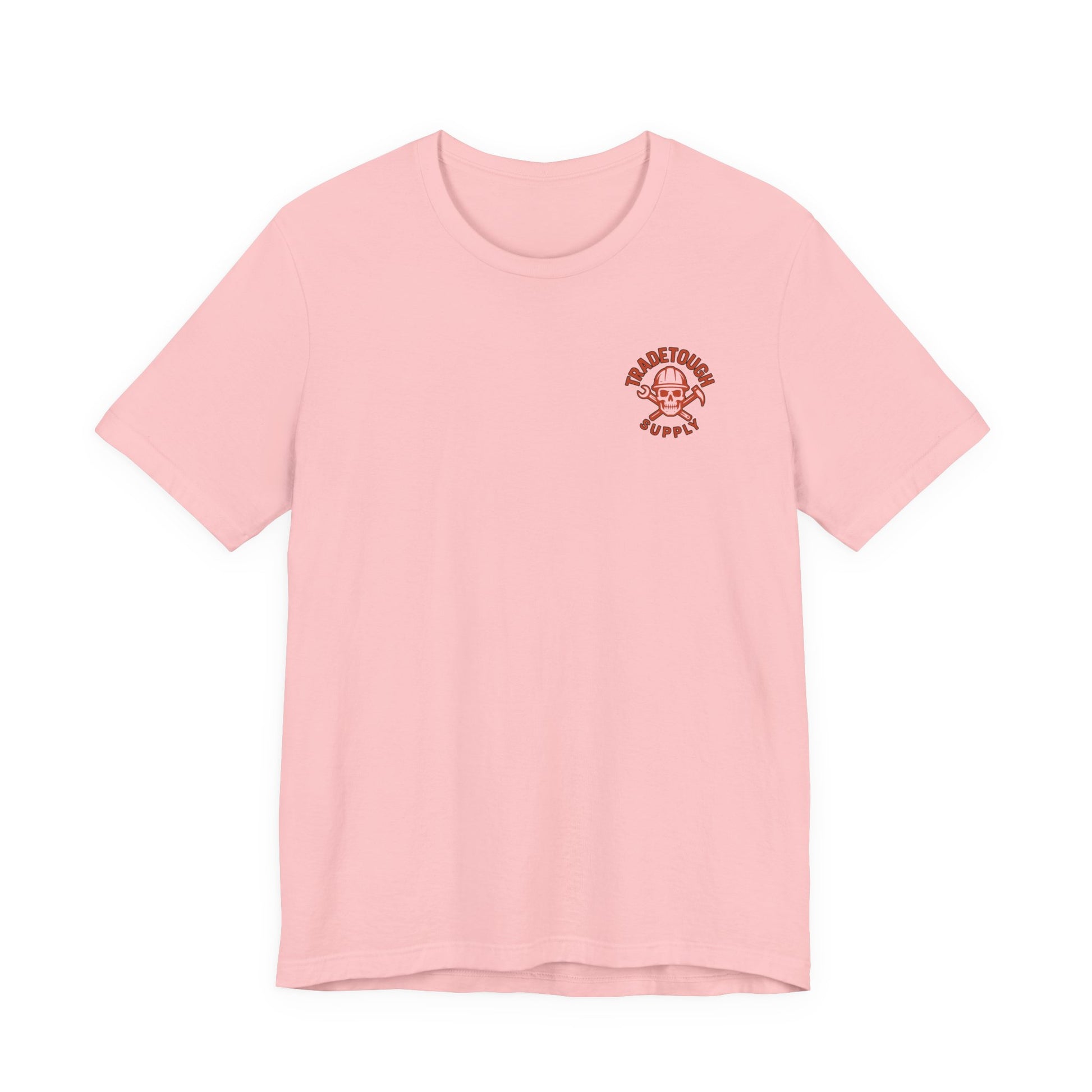 Pink t-shirt with a small logo on the chest against a white background
