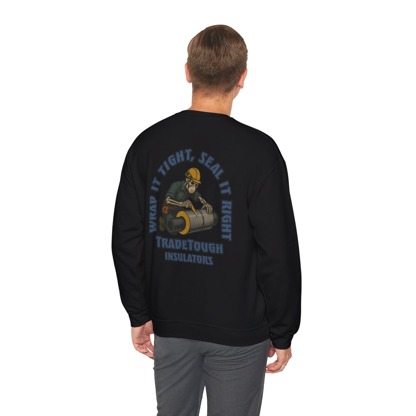 Insulator Crewneck Sweatshirt – “Wrap It Tight, Seal It Right” Skeleton Graphic – Industrial Workwear Pullover for Tradesmen