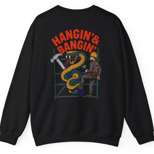Hangin’ & Bangin’ pullover in black – gritty back print and relaxed crewneck fit

