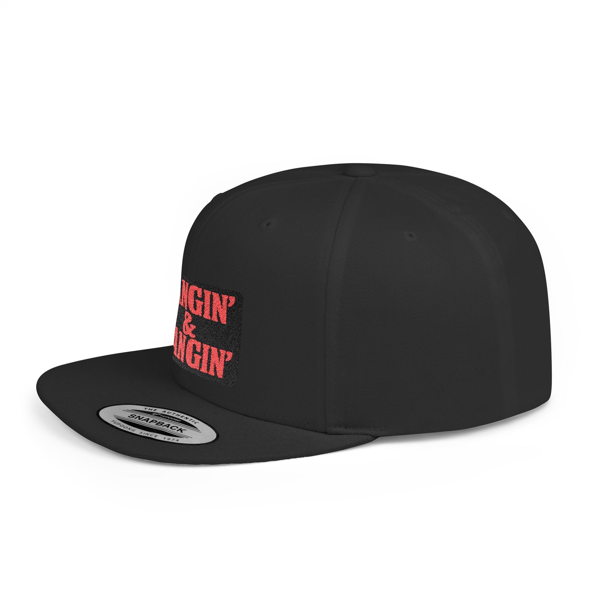 Black snapback cap with red and white text on a white background