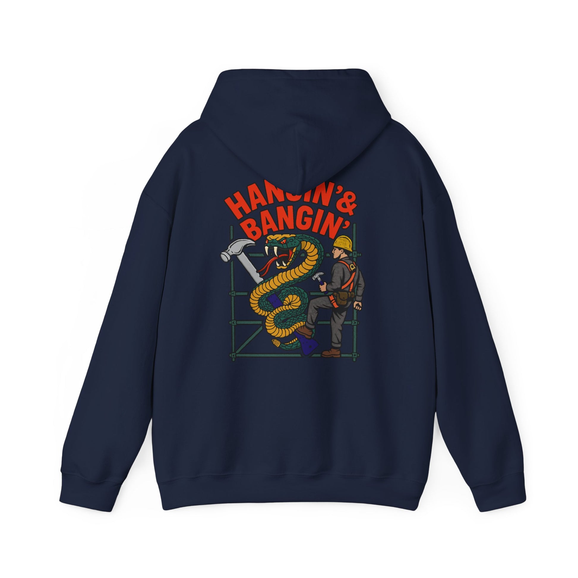 Heavyweight pullover hoodie for scaffolders and blue collar crew – Gildan fit with bold graphic