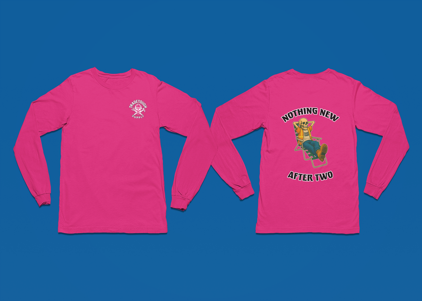 Back graphic of skeleton relaxing in lawn chair with bold “Nothing New After Two” text curved around it

