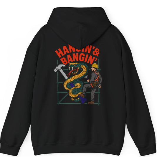 Back of Gildan hoodie with man on scaffold and snake wraparound – Hangin’ & Bangin’ design for tradesmen