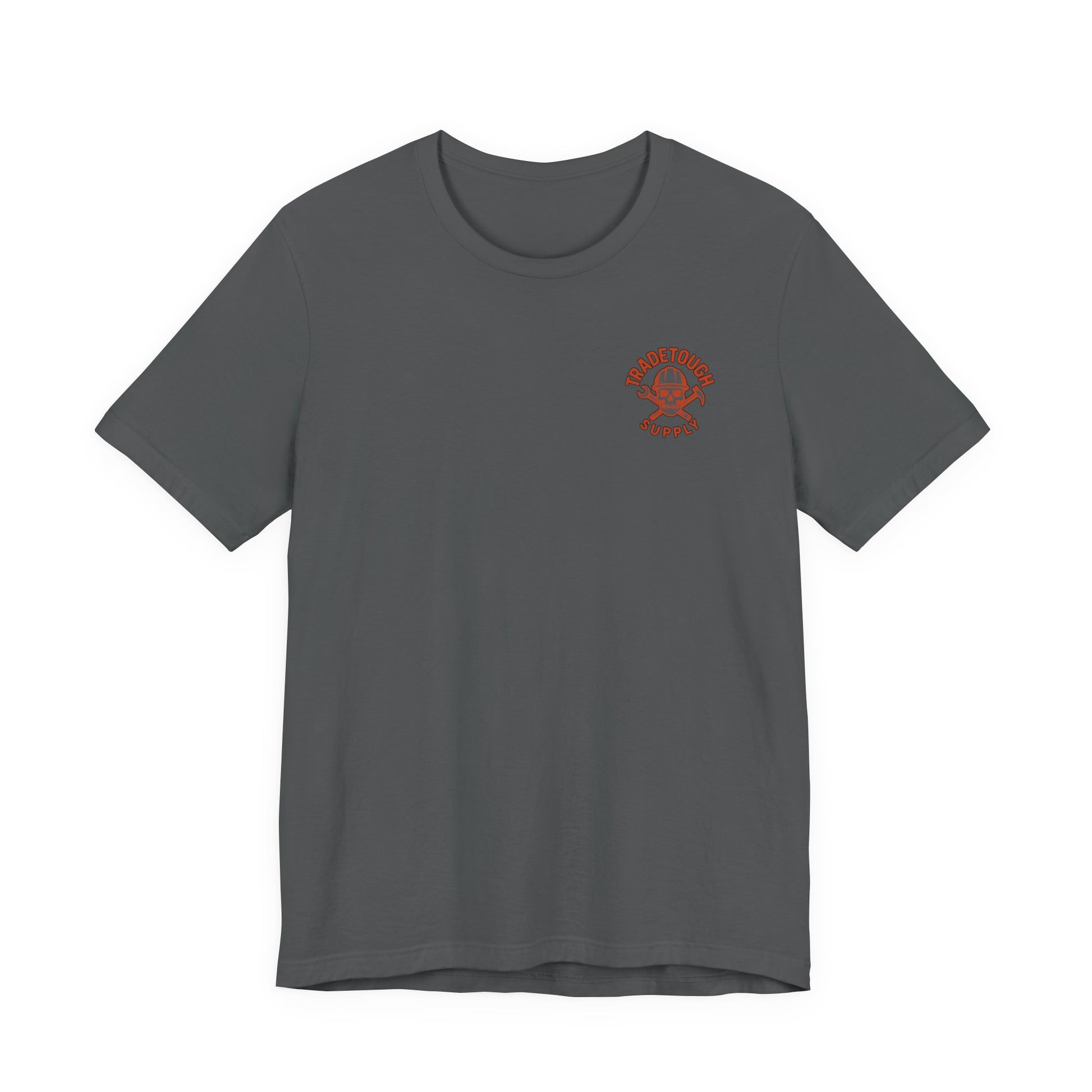 Gray t-shirt with a small orange logo on a white background