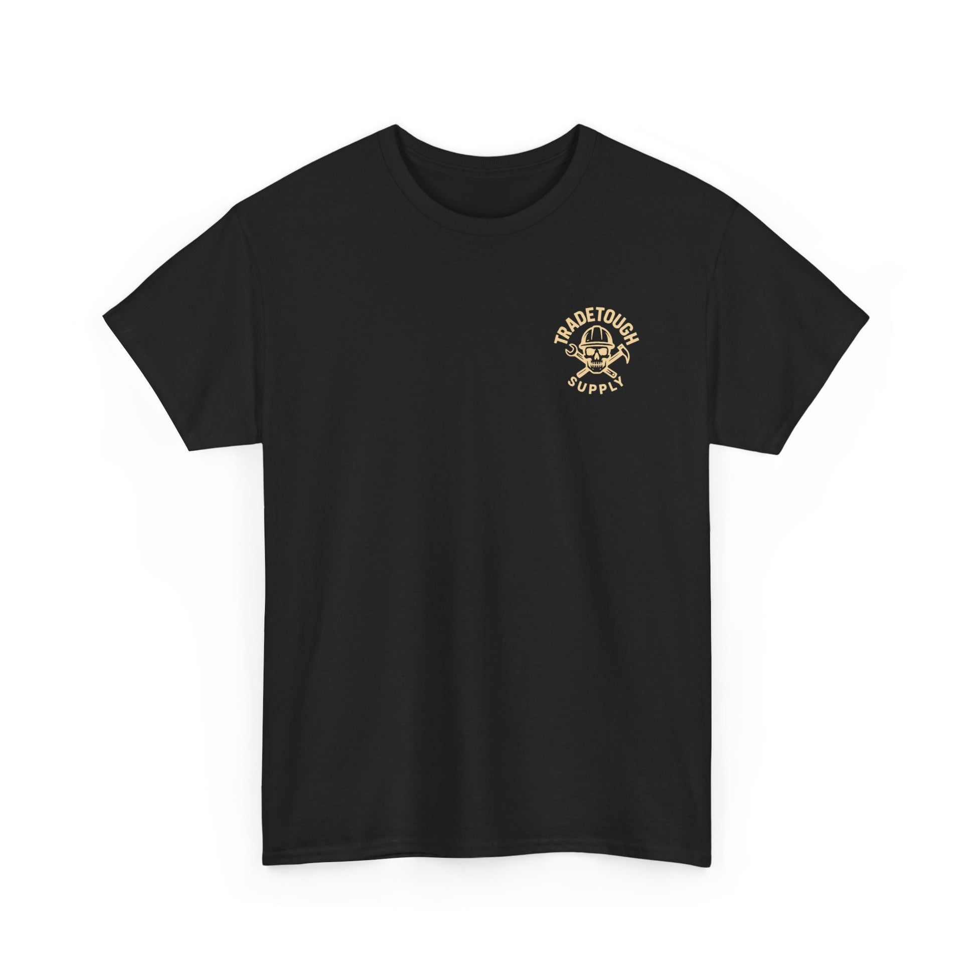 Black t-shirt with a logo on the chest against a white background