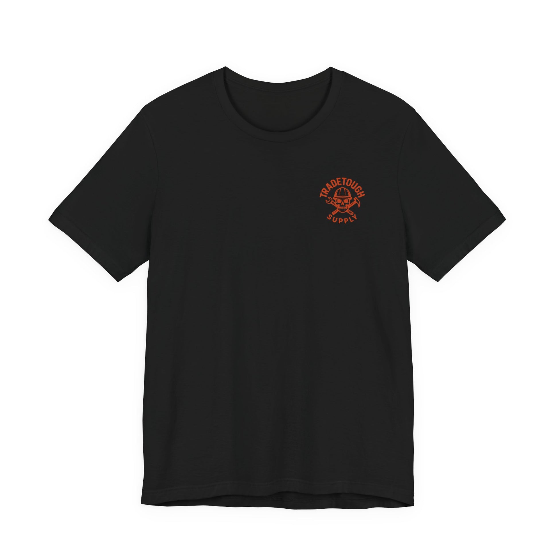Black t-shirt with a small orange logo on a white background
