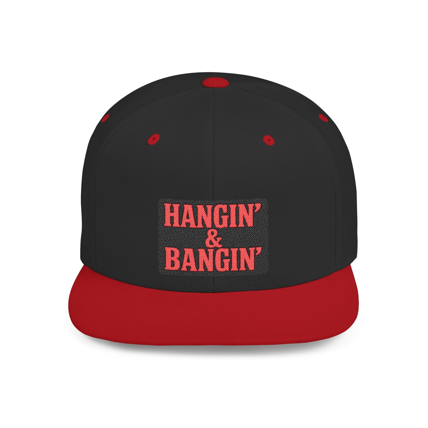 Black and red cap with 'HANGIN' & BANGIN' text on a white background