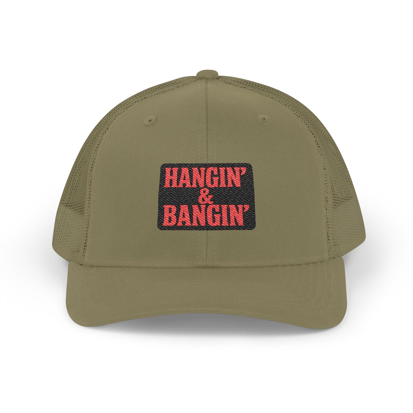 Front view of loden green trucker hat with embroidered Hangin’ & Bangin’ patch – Richardson 112 snapback for tradesmen