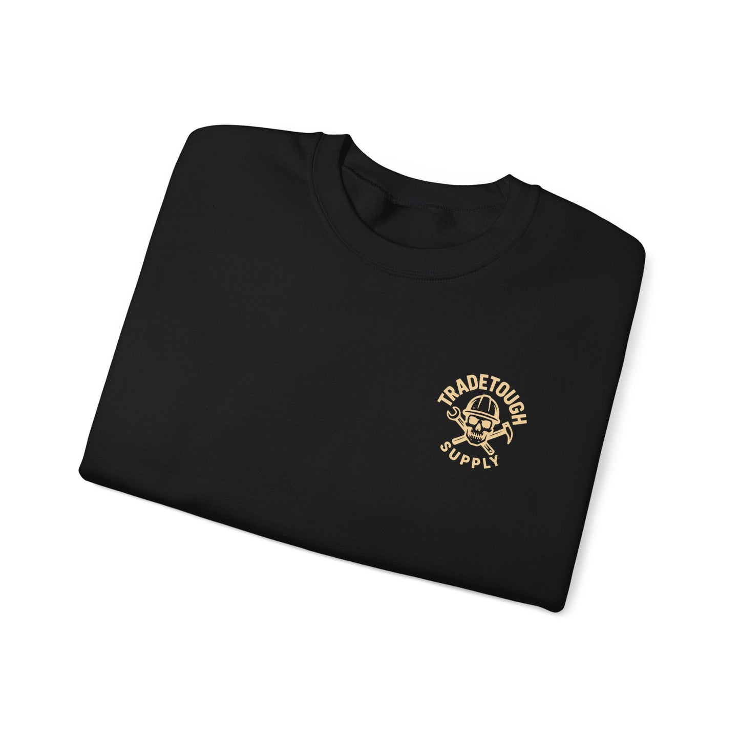 Folded black sweatshirt with a gold logo and text on a white background