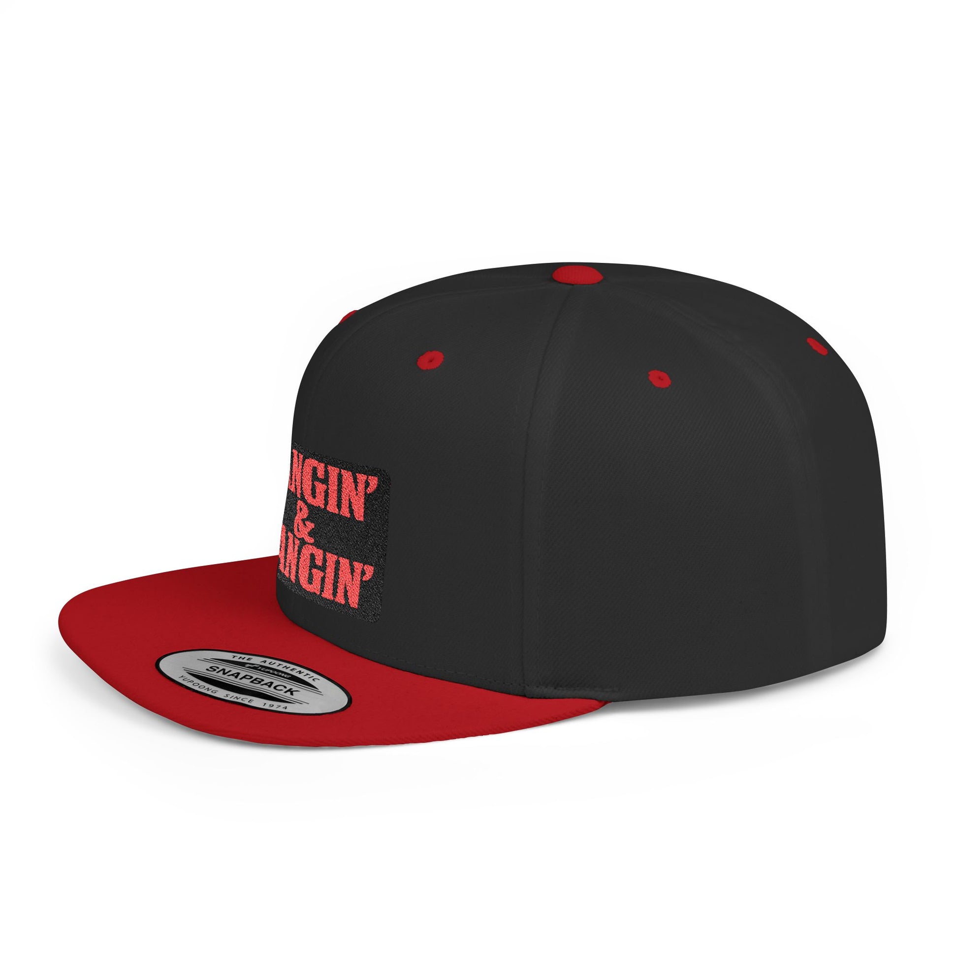 Black and red cap with text on a white background