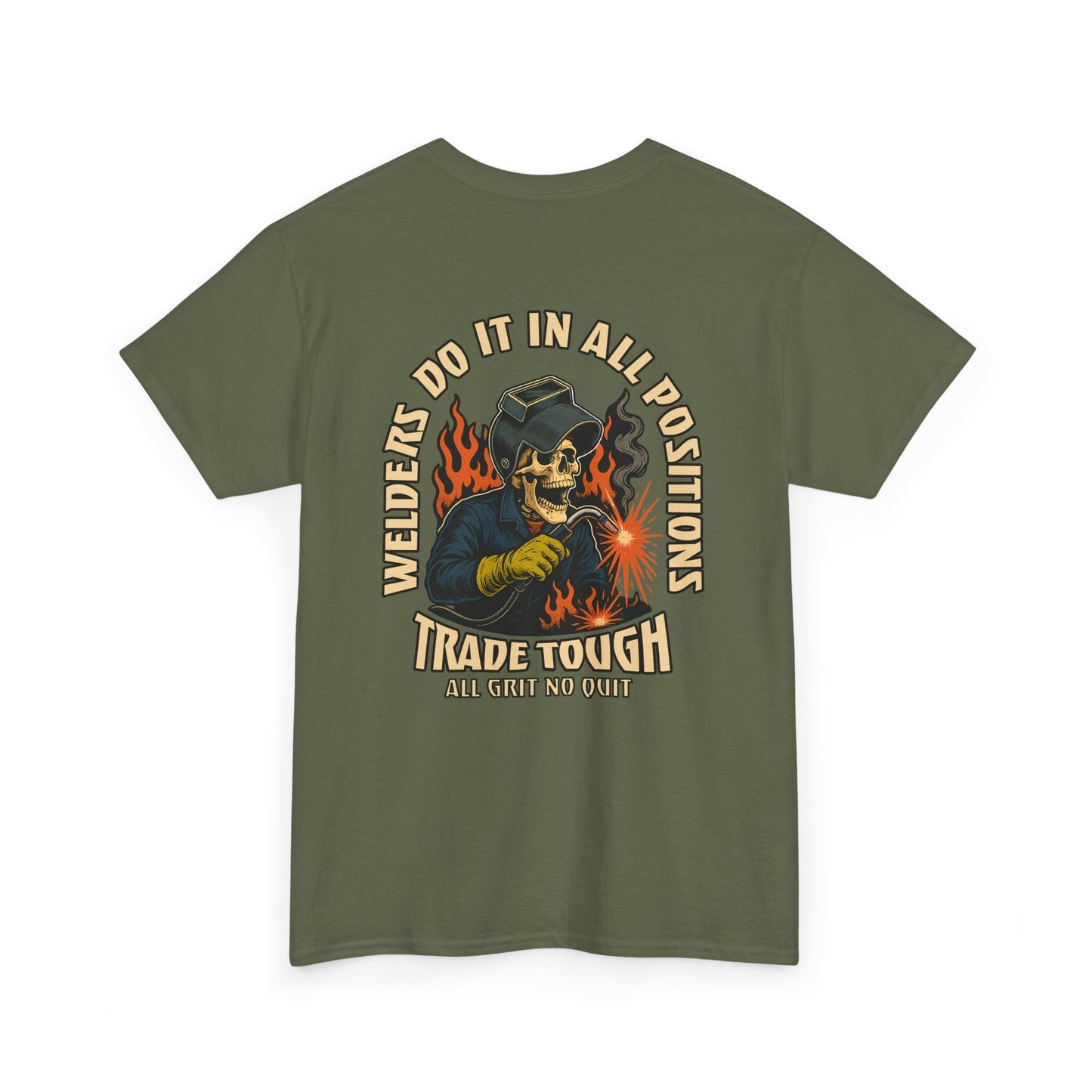Close-up of welding tee graphic – skeleton with helmet and arc strike torch