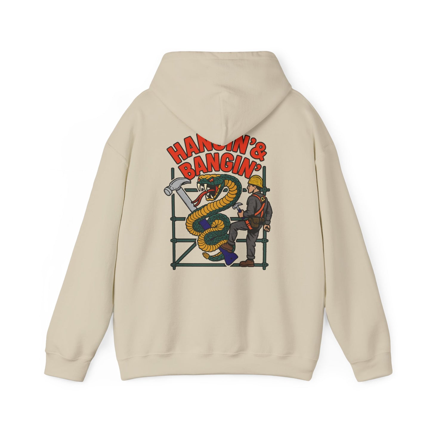 Heavyweight pullover hoodie for scaffolders and blue collar crew – Gildan fit with bold graphic
