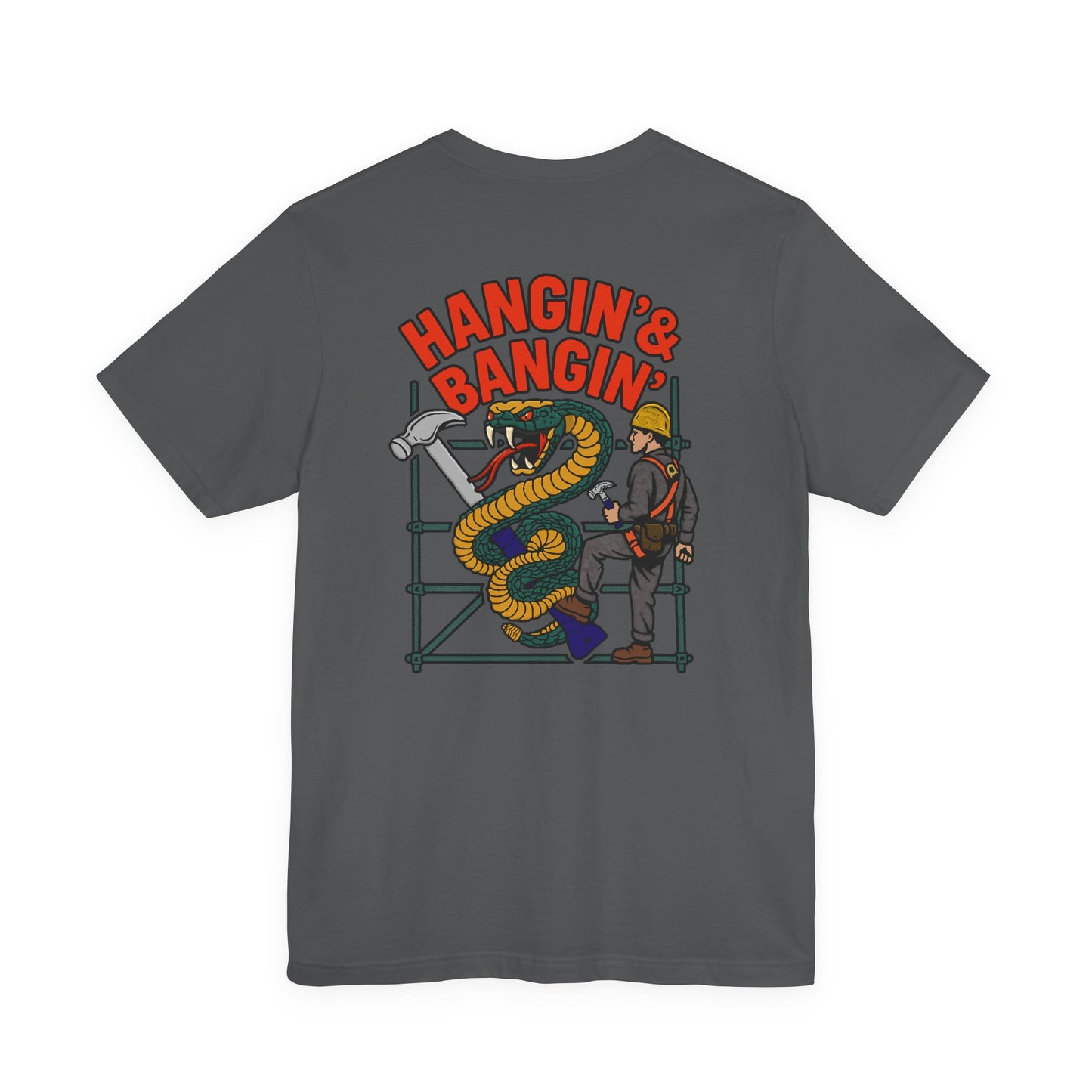 Gray t-shirt with a graphic design on the back featuring text and a snake.