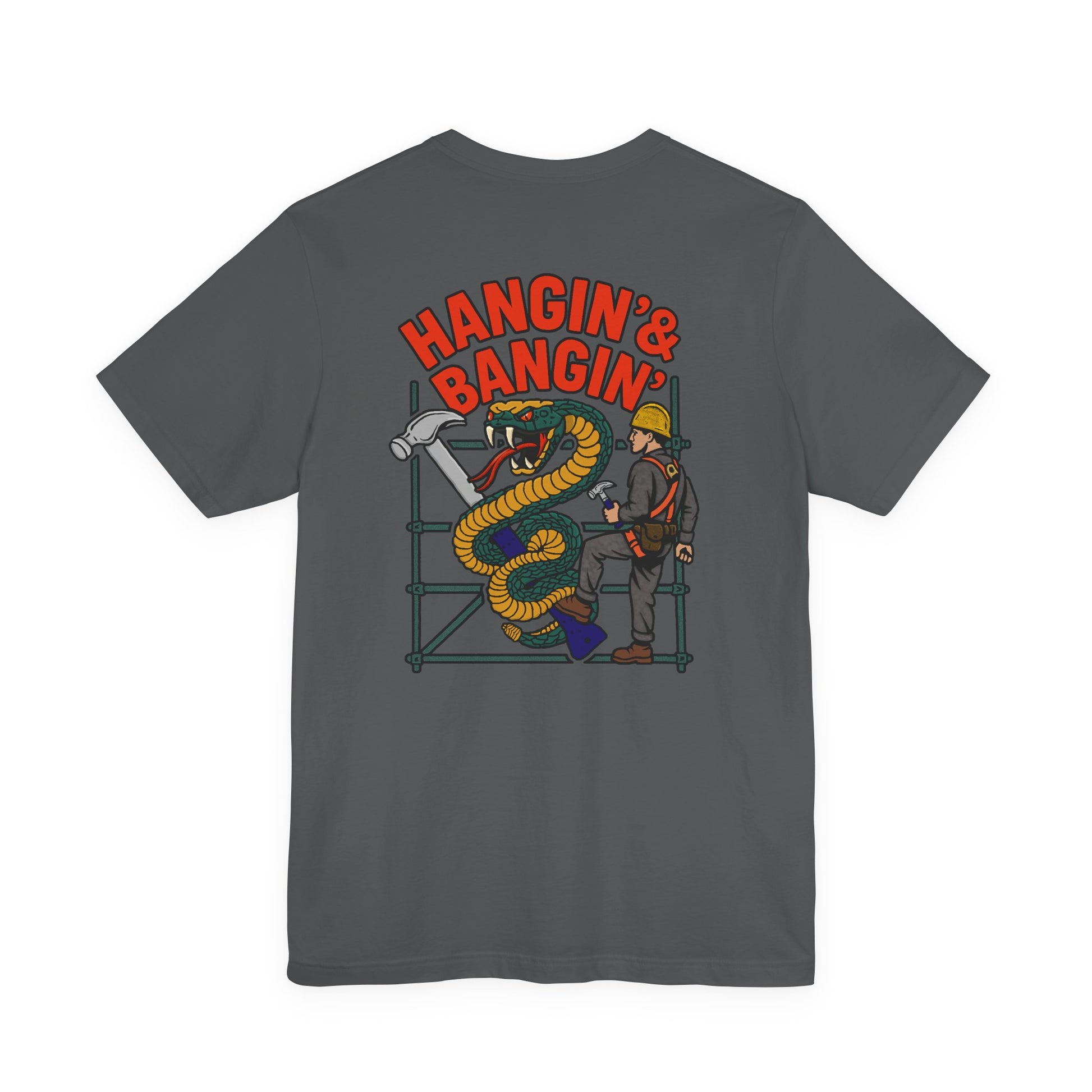Gray t-shirt with a graphic design on the back featuring text and a snake.