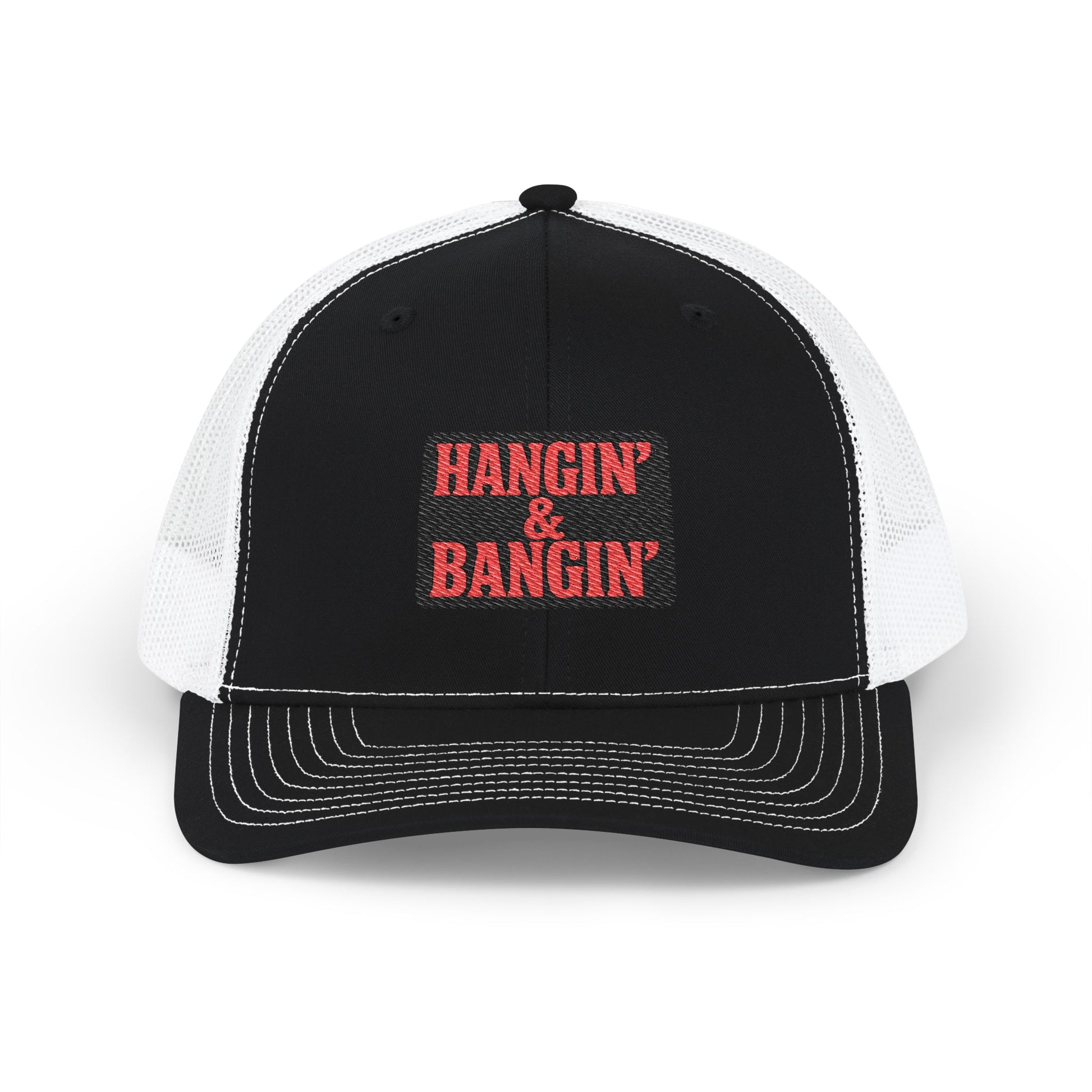 Black and white Richardson 112 hat featuring embroidered Hangin’ & Bangin’ box logo patch – jobsite-ready snapback