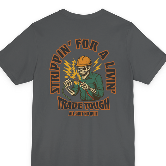 Full back graphic on asphalt color shirt with sparks and bold electrician theme