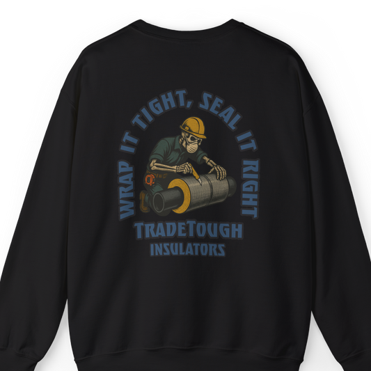 Black Insulator crewneck full back graphic with Industrial Blue “Wrap It Tight, Seal It Right” slogan and skeleton insulation artwork.
