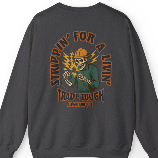 Gritty electrician skeleton back print on dark heather color crewneck